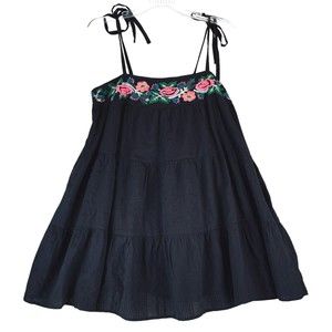 Urban Outfitters Black Floral Mini Dress Womens Medium Embroidered Babydoll